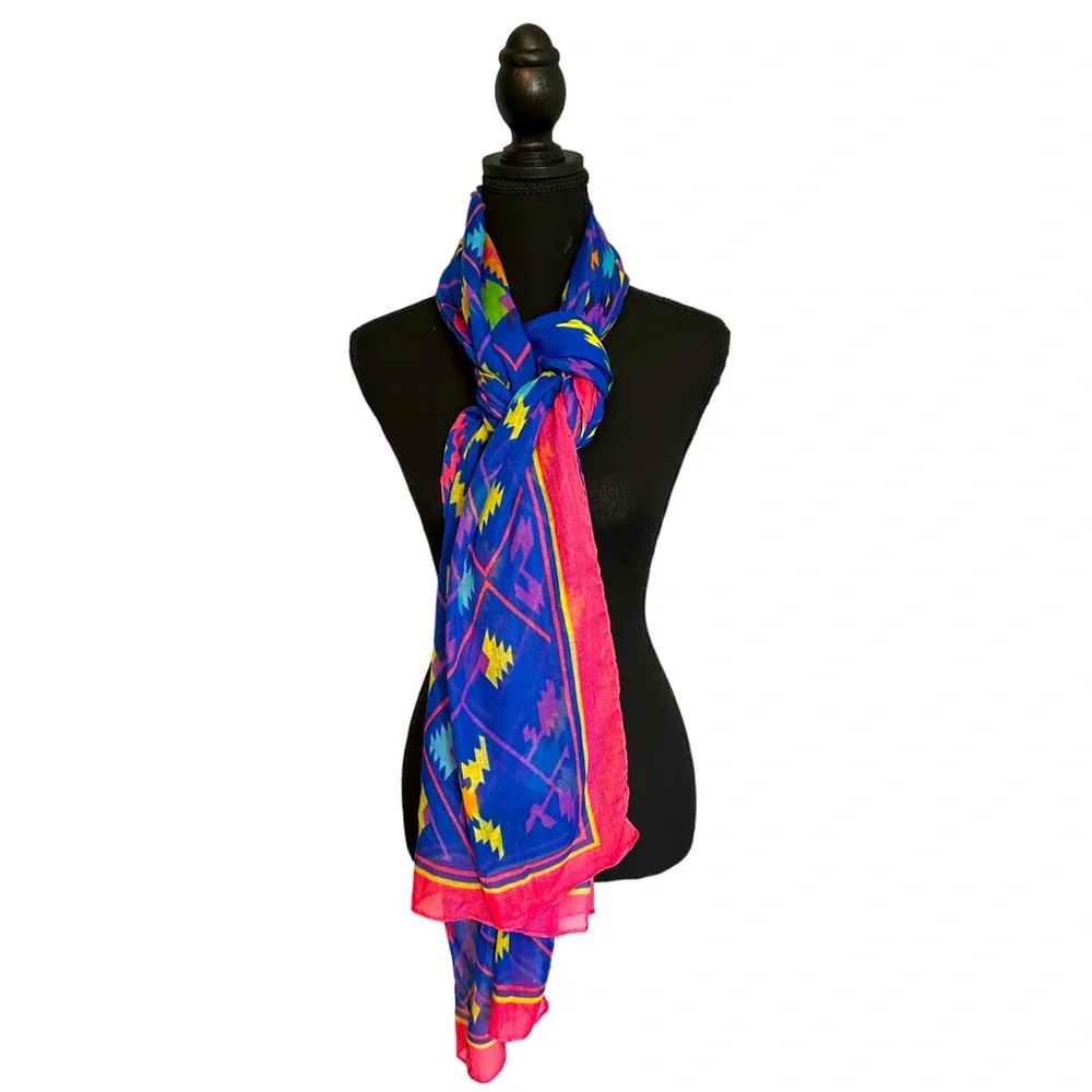 Bright Southwestern Print Sheer Scarf Blue Pink Boho Festival Wrap